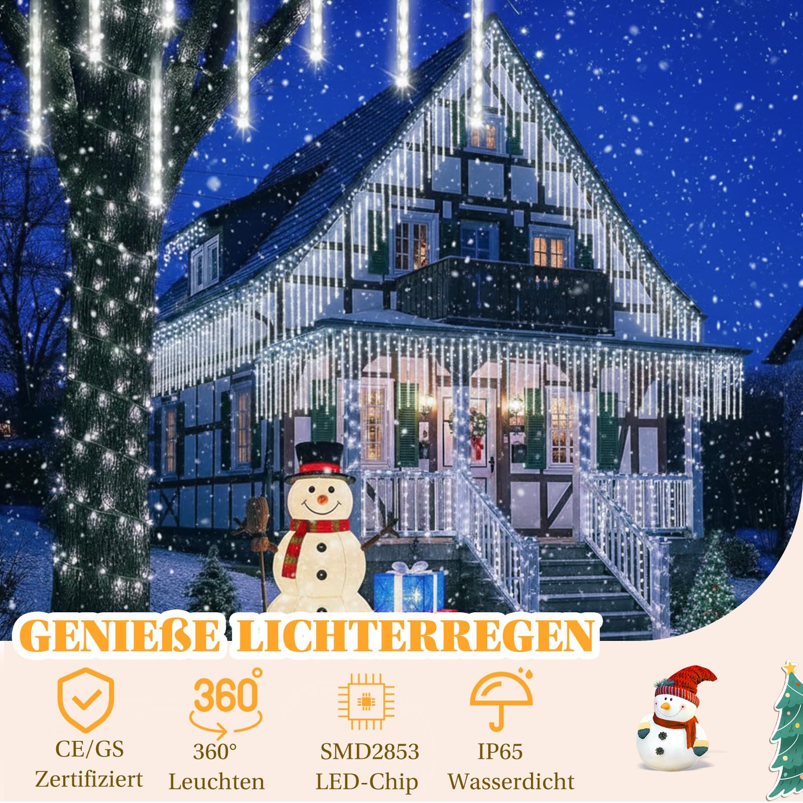 Meteorschauer Lichterkette Außen, 576LEDs 24 Röhren Outdoor Fallende Lichterregen 30cm, IP65 Wasserdicht Weihnachtsbeleuchtung für Balkon Traufe Dach Baum Deko,Weiß(3 Sätzen von 8er-Röhren)