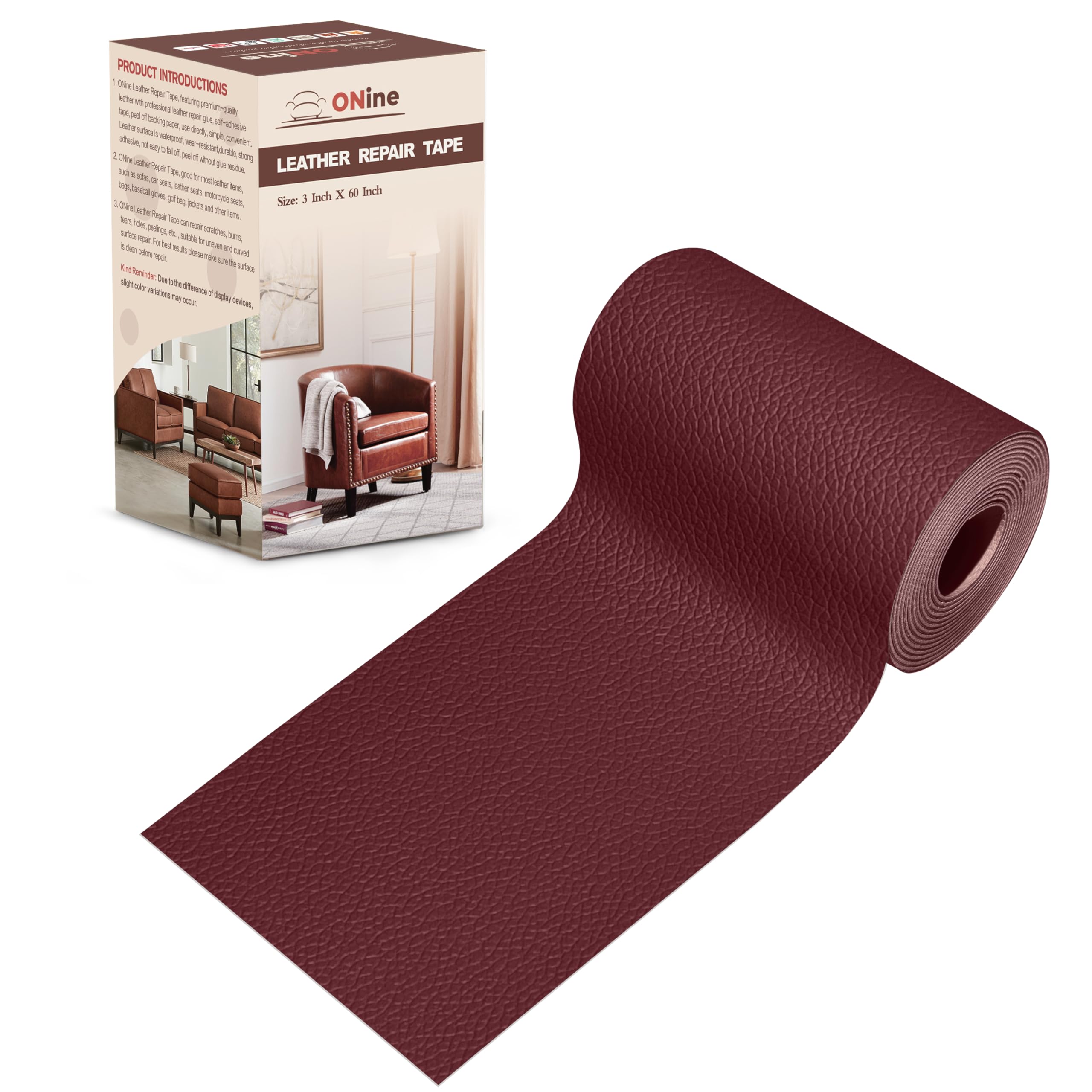 ONine Leather Repair Patch，Leather Repair Tape, 3 x 60 inches Leather Repair Patch for Furniture,Vinyl Repair kit，Leather Couch Patch，for Sofas, Furniture, car SeatsWine red-Litchi Grain