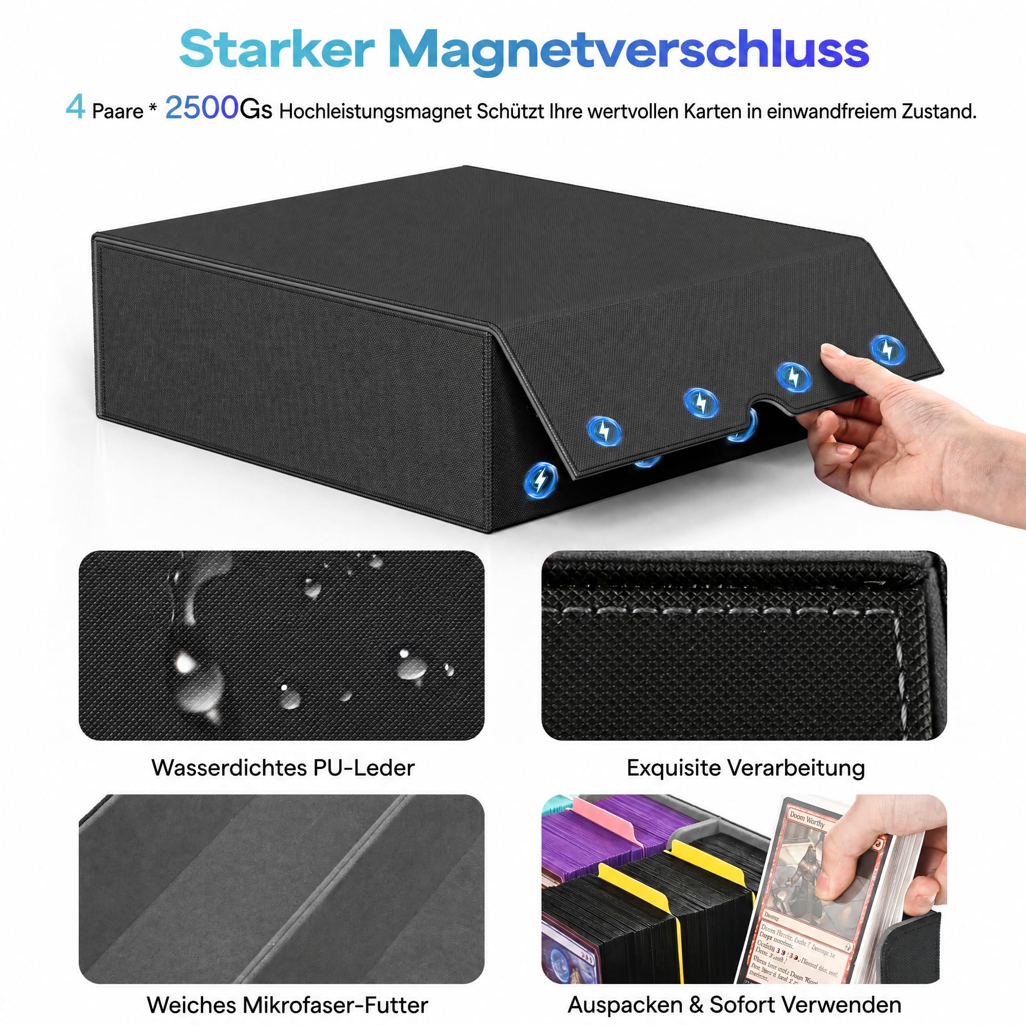 UAONO Kartenaufbewahrungsbox für Trading Cards, 2400+ MTG Commander Deck Box mit 24pcs bunten Teilern, Kartenetui passend für Magic TCG PTCG Spielkarten(schwarz und grau)