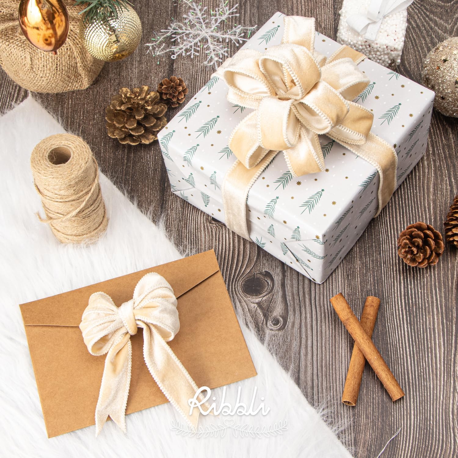 Ribbli Ivory Velvet Wired Ribbon 1 Inch Velvet with Satin Christmas Ribbon for Gift Wrapping Christmas Tree Decoration Crafts Wreaths Supplies-Continuous 10 Yards