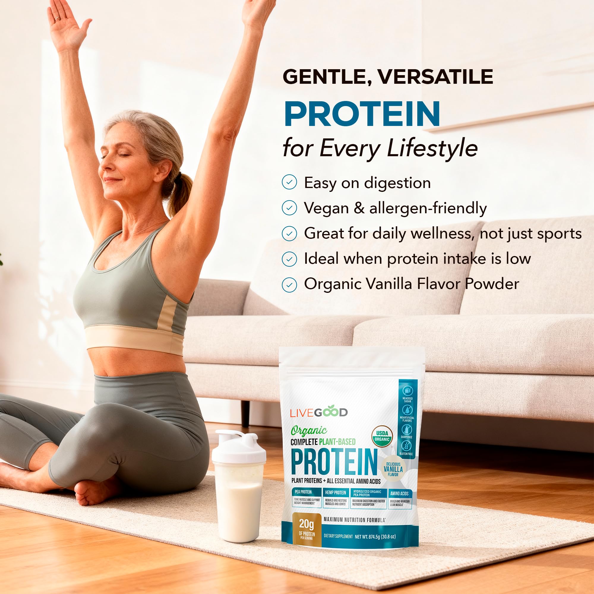 Complete Plant Based Protein Powder with Organic Pea Protein and Essential Amino Acids for Muscle Support, Recovery, Energy and Daily Nutrition, Vanilla Protein Supplement (30 Servings) — Amazon image 5