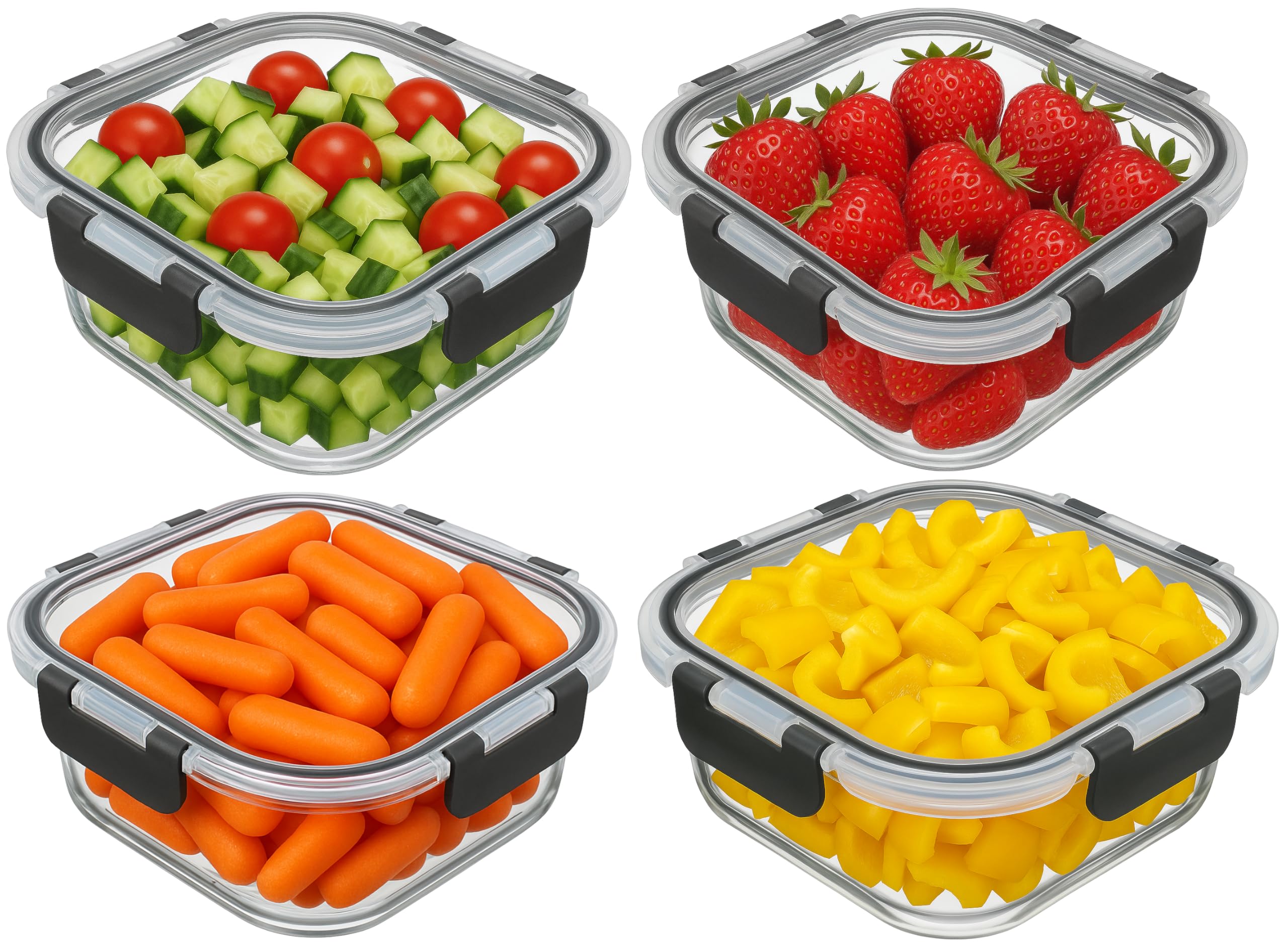 KEPSE Glass Food Storage Containers Bowls with Airtight Snap Locking Lids for Meal Prep Leftovers Baking Lunch Boxes Dish (Black, 27oz Square 4 Pack)