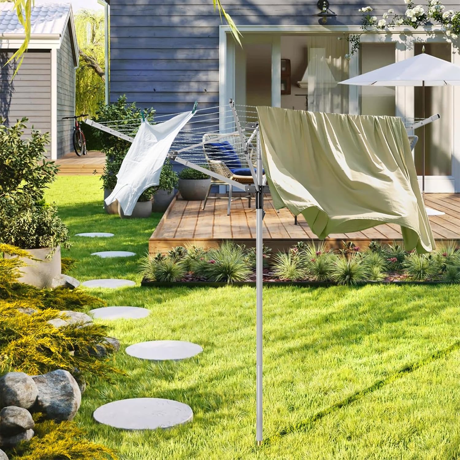 Outdoor Umbrella Drying Rack, 4-Aluminum Arms Folding Rotary Dryer with 12 Lines 165 ft Drying Space Adjustable Height Clothesline w/Waterproof Cover & Ground Spike for Garden Backyard(Grey)