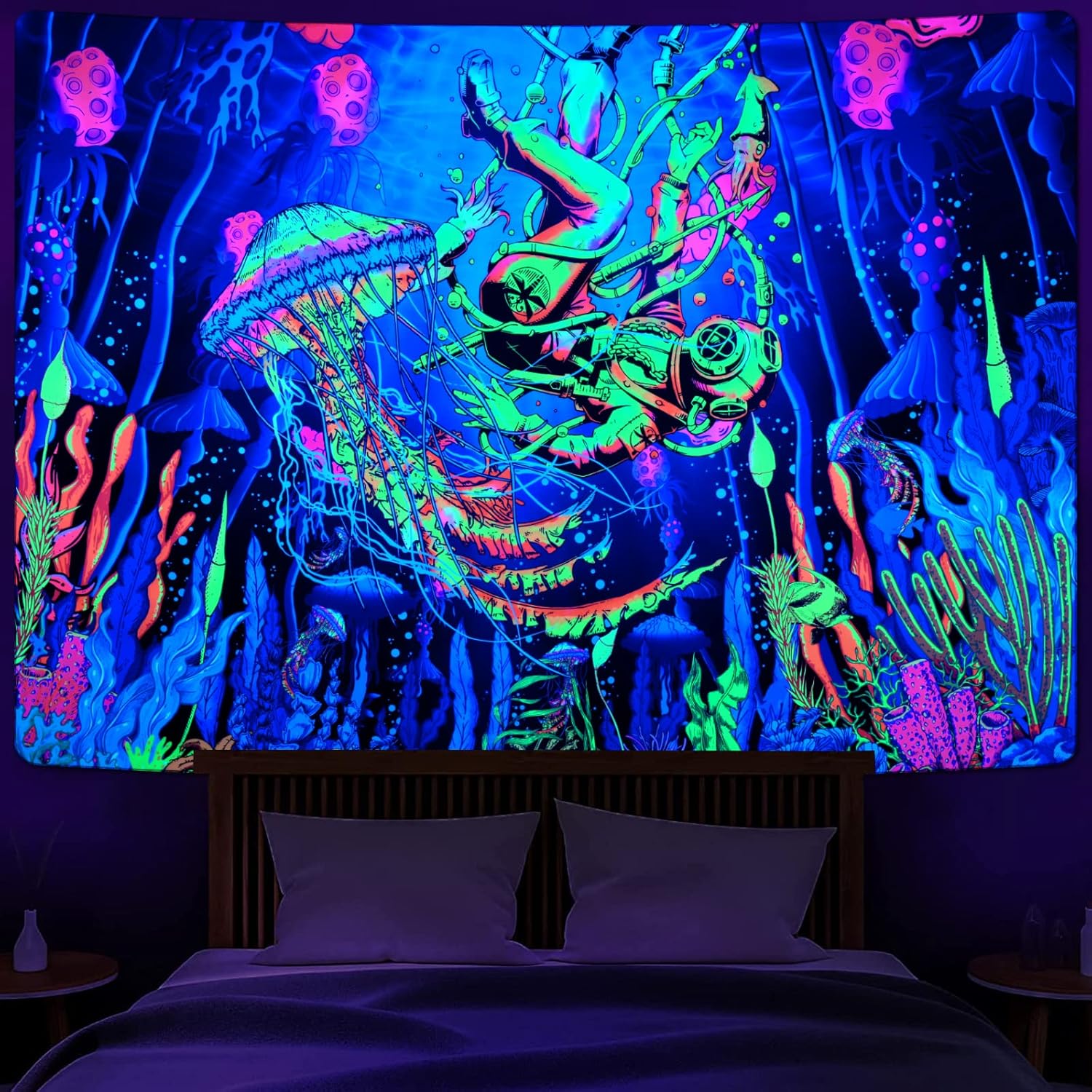 Krelymics Blacklight Astronaut Tapestry Fantasy Jellyfish