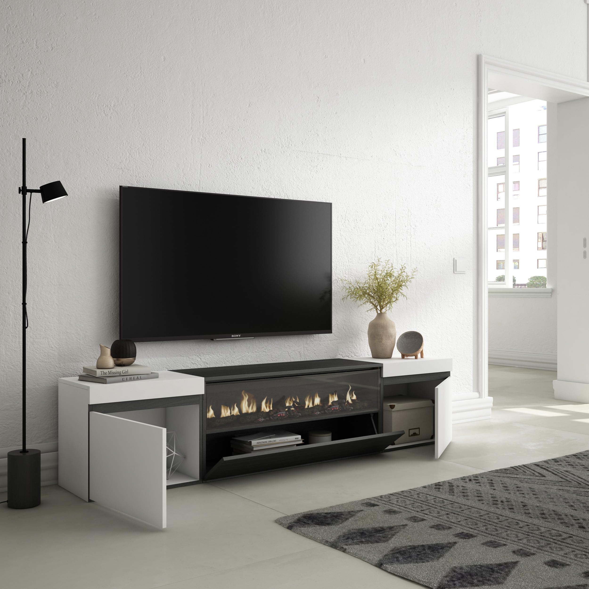 Skraut Home | Mueble TV | Televisión | Muebles de salón, almacenaje | 200x45x35cm | para TV hasta 80" | Chimenea eléctrica | Estilo Moderno | Blanco y Negro
