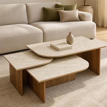 Hyfirm Modern Nesting Coffee Tables Set of 3, Faux Marble Tops, Wood Bases