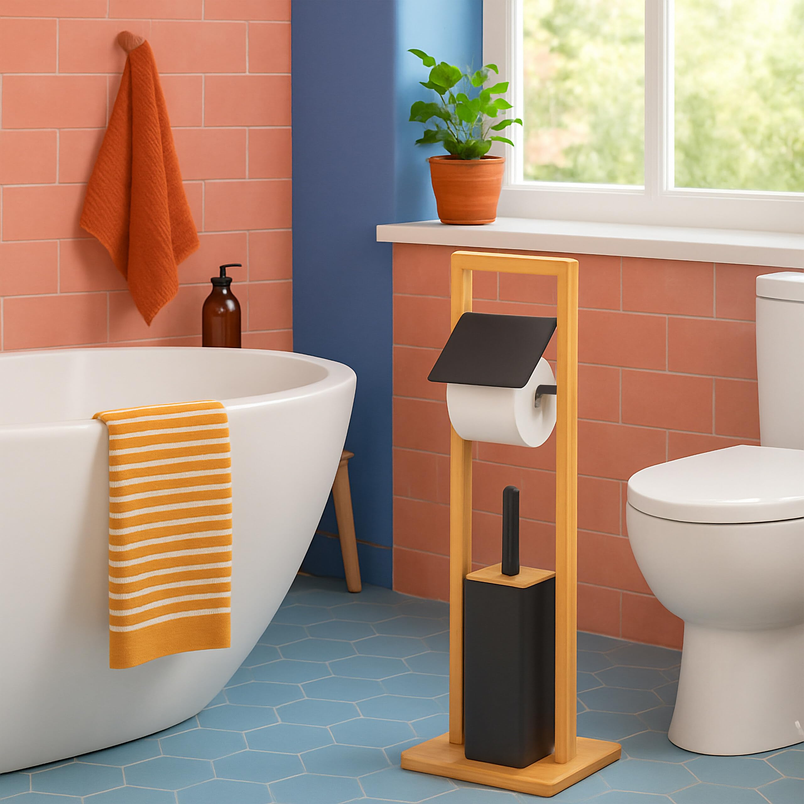 Ensemble WC Relaxdays, Bambou, Porte-Rouleau sur Pied, Brosse WC avec Support, 76,5 x 28 x 18 cm, Noir