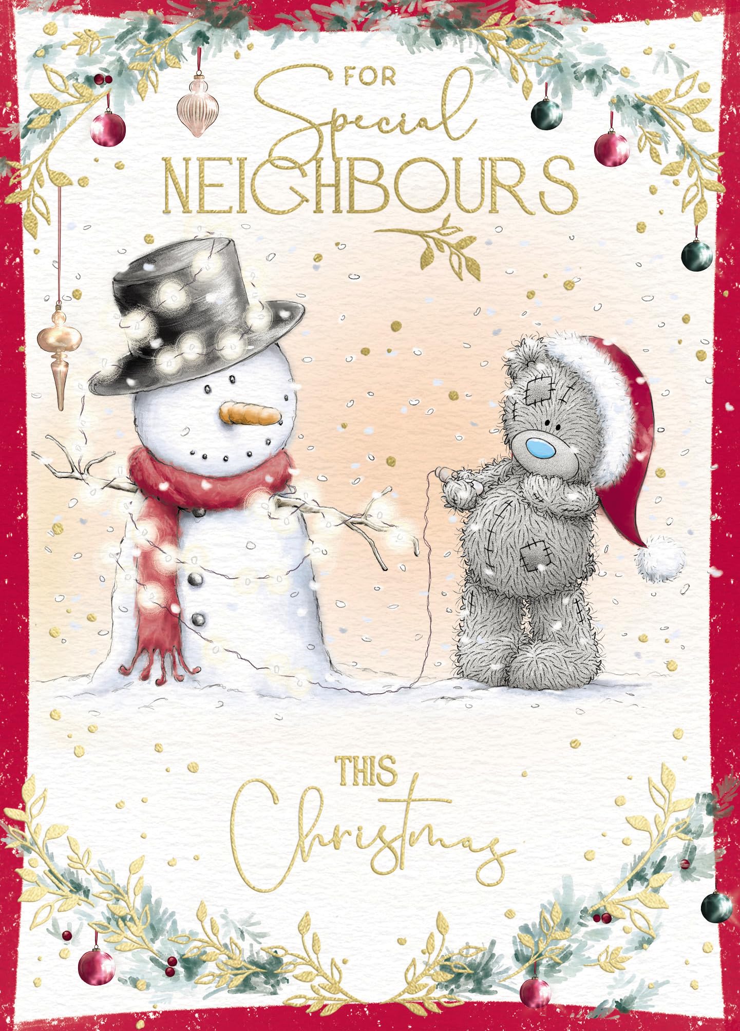 Me To You Tatty Teddy Christmas Card For Special Neighbours, With Tatty Teddy Bear With Snowman Wrapped In Fairy Lights 12.2 x 17 cm - Official Collection