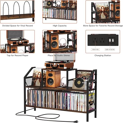 Miniatura 6 de Homeiju Soporte para tocadiscos con capacidad para hasta 500 álbumes, soporte para tocadiscos con gabinete de almacenamiento para tocadiscos de