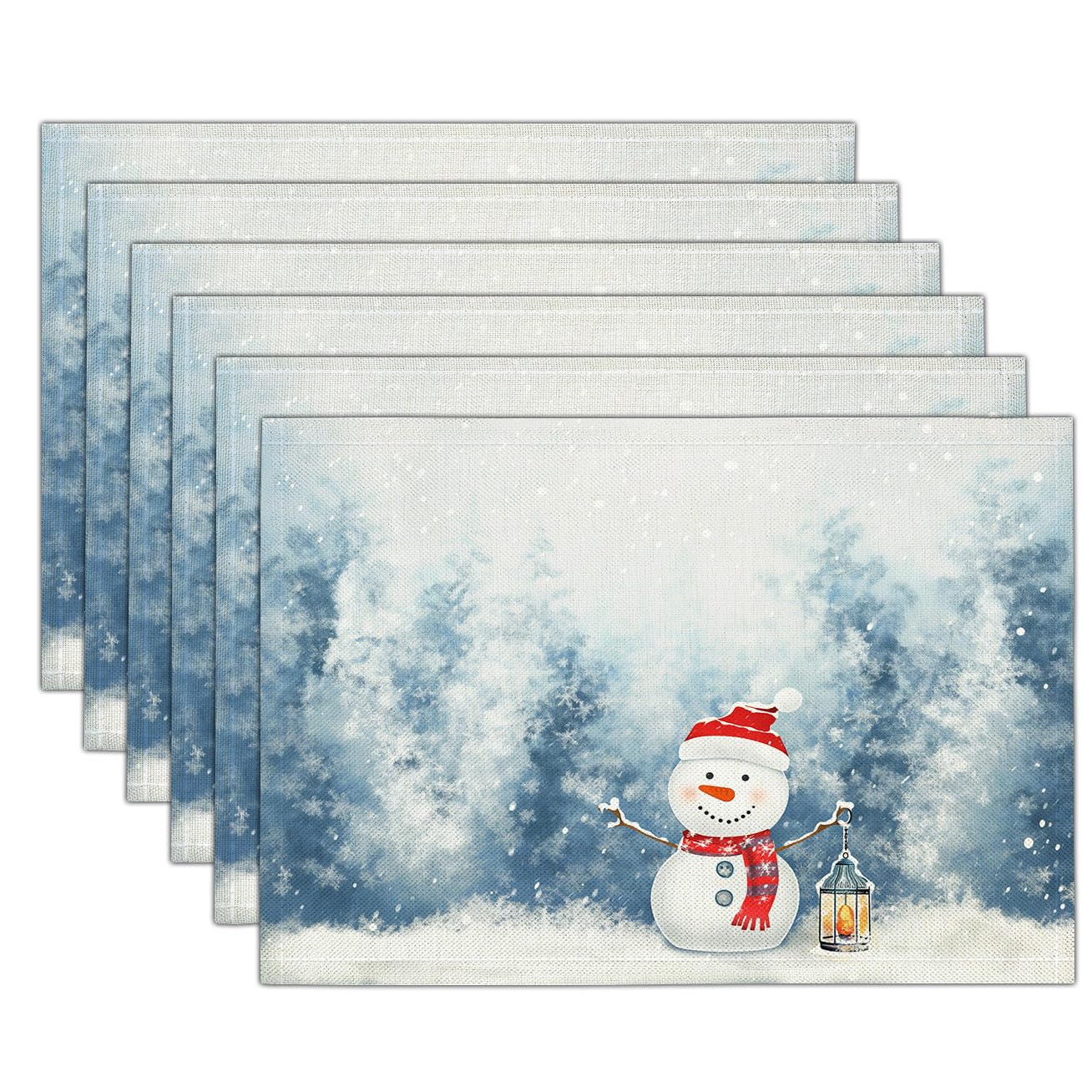 Set de 8 sets de table Noël bonhomme de neige bleu clair 30x45 cm lavables pour décoration d'hiver