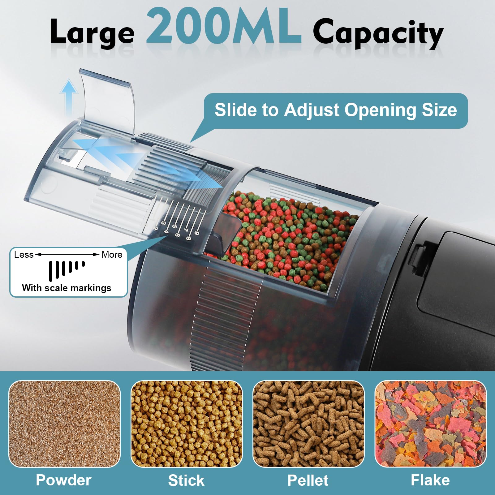 fishkeeper Futterautomat Aquarium mit Batteriebetrieb & Feuchtigkeitsbeständiges, 200ml Fischfutter Automat mit 4 Timer - Einstellungenideal für Urlaub und Reisen, Geeignet für Granulat & Flocken