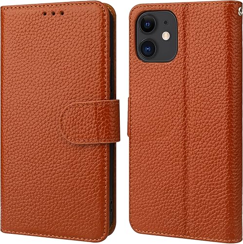 Bocasal Funda de piel auténtica tipo cartera para iPhone 11, carga inalámbrica, bloqueo RFID, soporte para tarjetas de crédito, función atril, funda