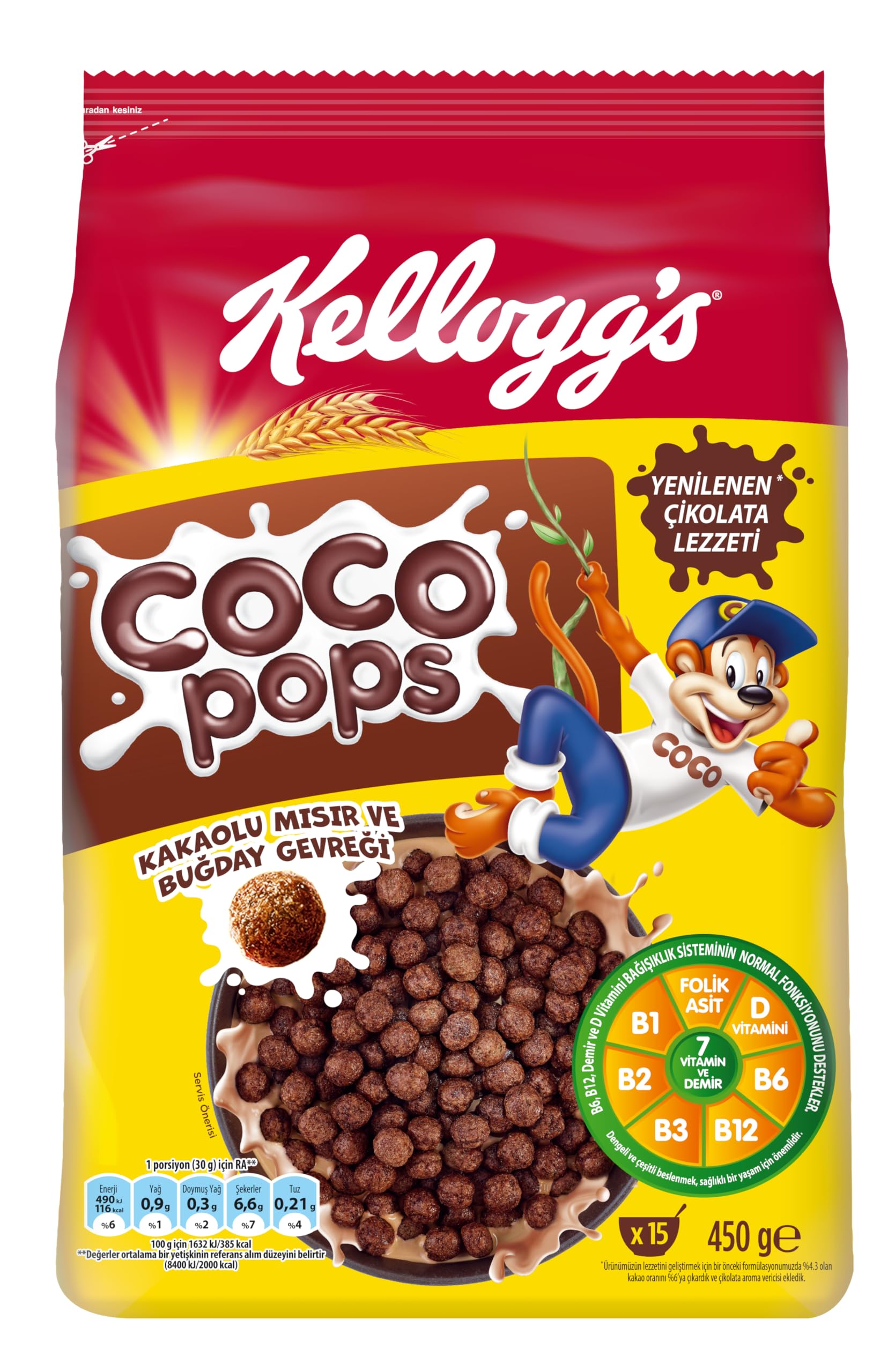 Kellogg's Coco Pops Çikolatalı Buğday ve Mısır Gevreği 450 Gr,Lif,Demir ve 6 Vitamin Kaynağı,%100 Pancar Şekeri,D vitamini,Kalsiyum,Folik Asit ve Demir içerir,%40 Kakao içerir,Kahvaltılık Tahıl