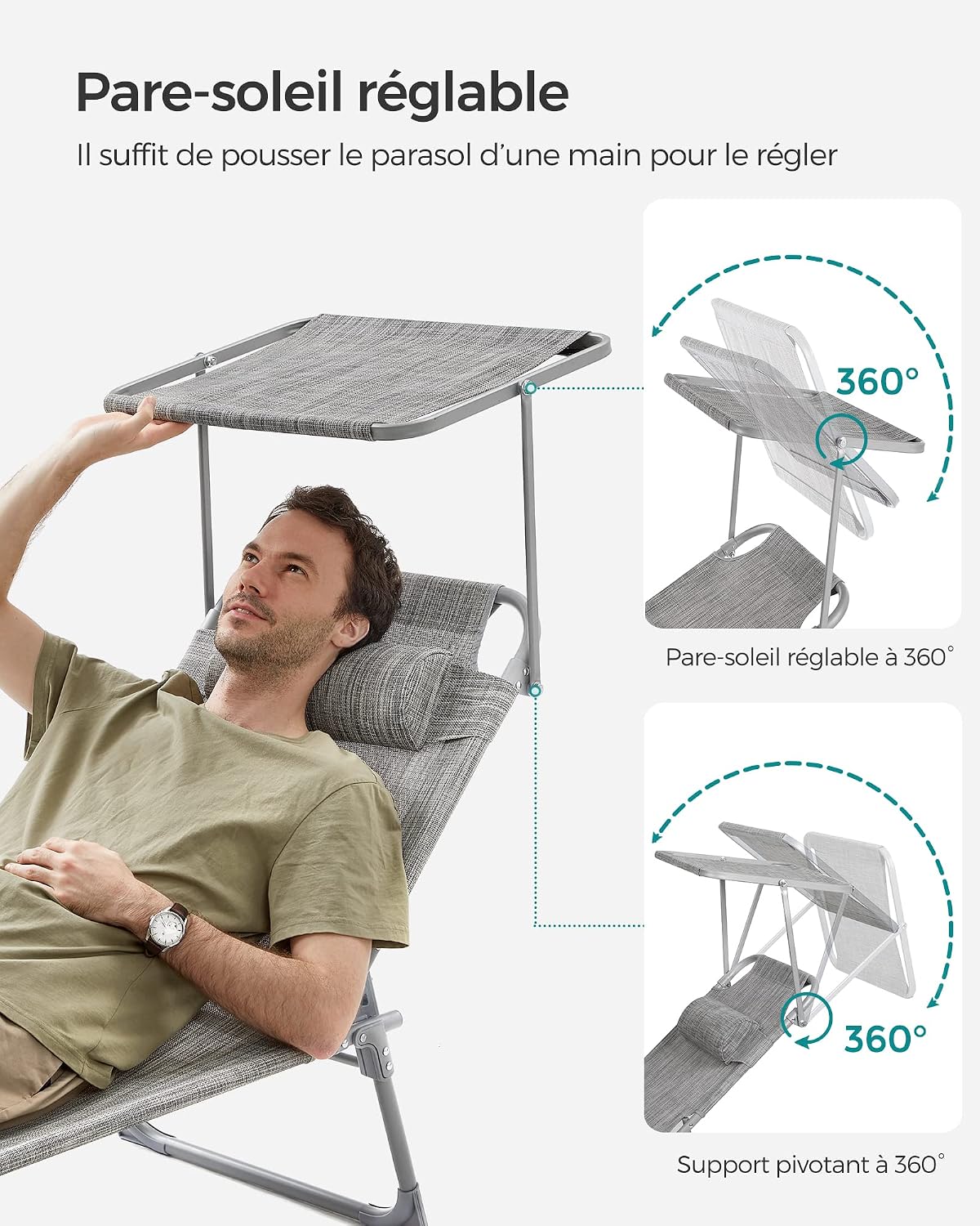 SONGMICS Bain de Soleil, Chaise Longue Pliable, 193 x 53 x 29 cm, Capacité de 150 kg, avec Pare-soleil, Appuie-Tête, Dossier Réglable, pour Jardin, Piscine, Terrasse, Grège GCB19T — vue 6