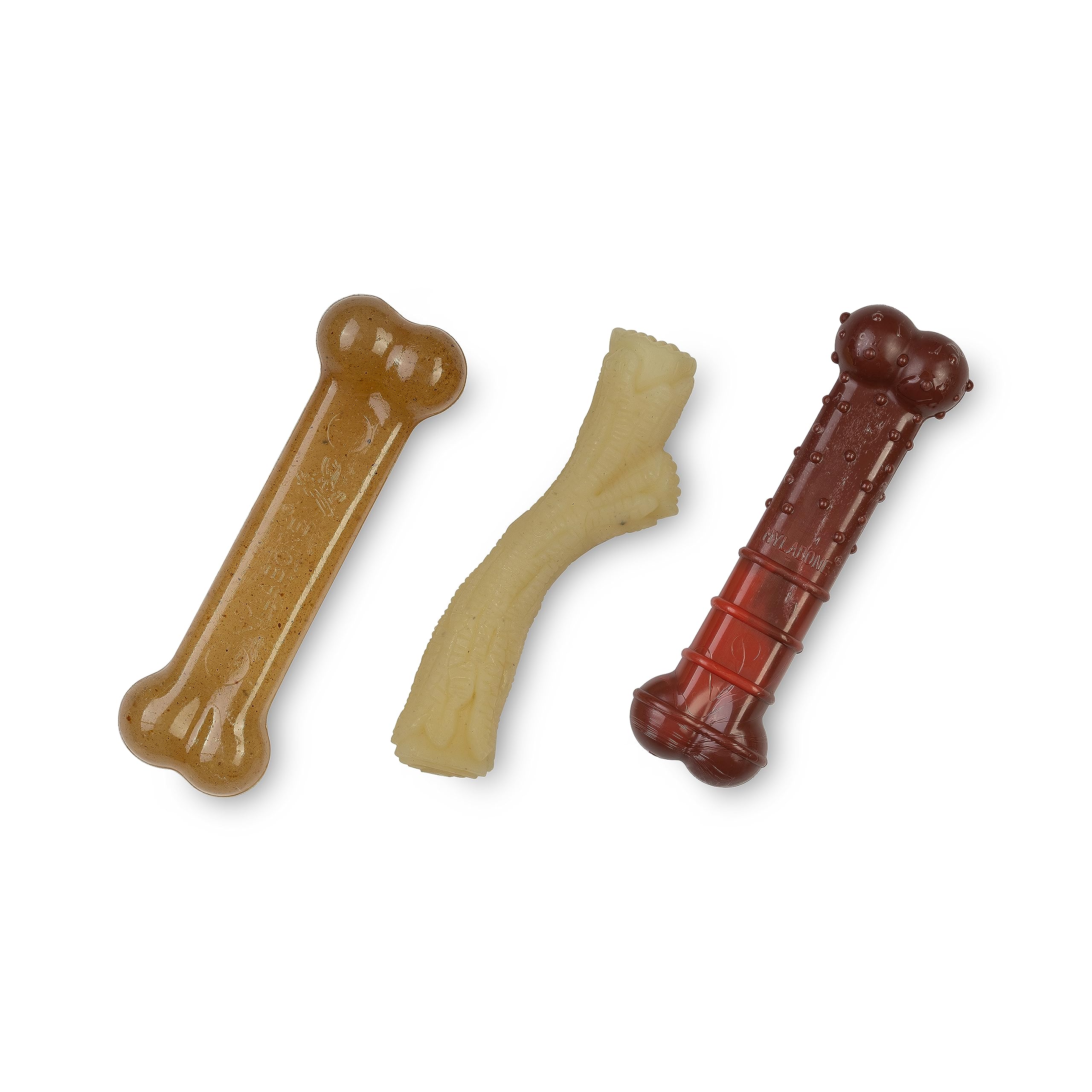 Nylabone Szczeniak Stages potrójne opakowanie, delikatny kurczak do żucia, Graduate Maple Bacon Wood Stick, Graduate Beef Jerky Extreme Bone, rozmiar M (1 opakowanie 3 zabawek do żucia)