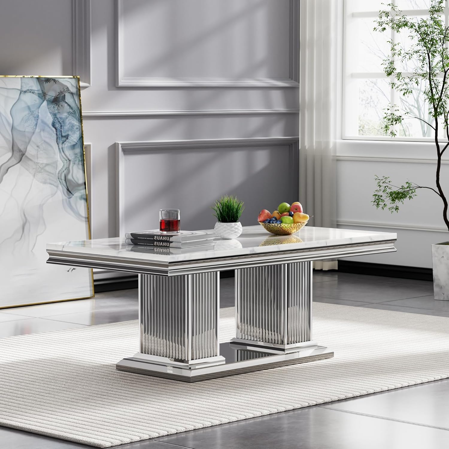 Marble Coffee Table,1 Piece Coffee Table for Living Room,Faux Marble Coffee Table with Wood Tabletop and Stainless Steel Frame for Apartment Home Office