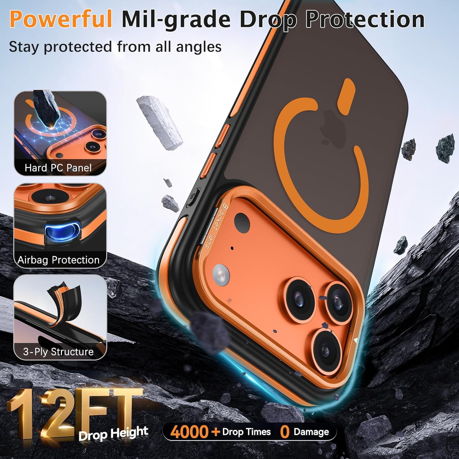 DOMAVER Lens Stand for iPhone 17 Pro Max Case, [Compatible with Magsafe] Built-in Camera Ring Stand, [Military Grade Drop Protection] Slim Magnetic Shockproof Protective Phone Cover- Black+Orange