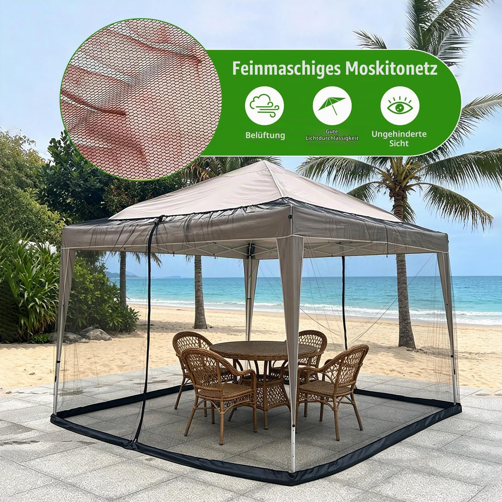 Moskitonetz für Pavillon 3x3 m, Insektenschutz Gazebo mit 2 Reißverschlusstüren & wasserbefüllbarem Standfuß, Fliegengitter Verstellbar für Garten, Terrasse & Camping