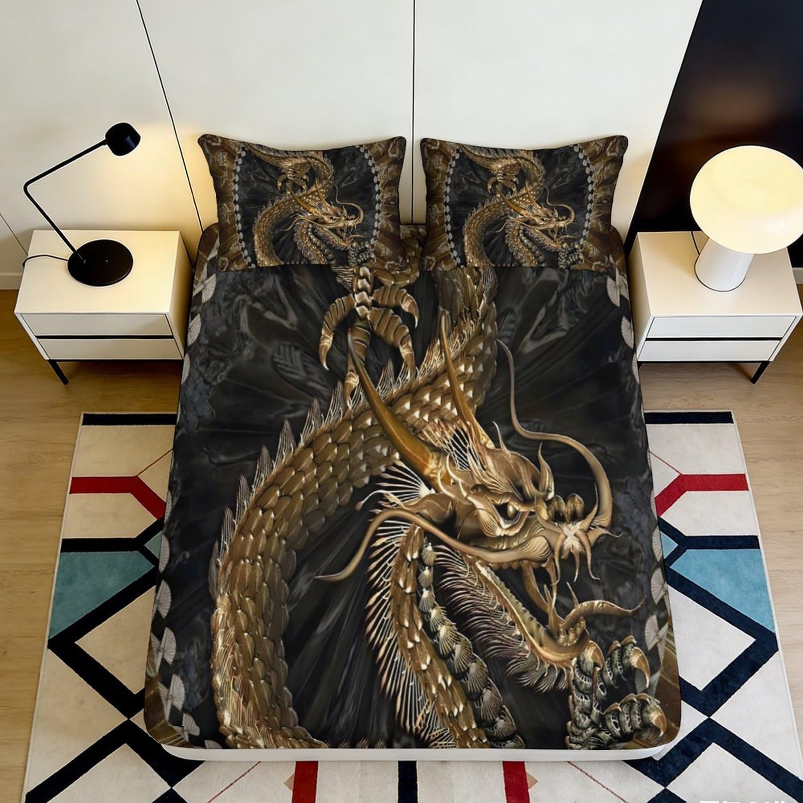 3D Printed Golden Dragon Fitted Sheet Microfiber Soft Touch Oriental Black Bed Sheet for Bedroom Guest Room Decor 90x200x25cm