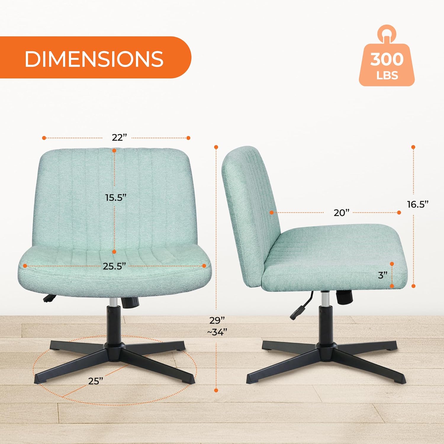 Diagram showing detailed dimensions of the Orange Factory Criss Cross Chair No Wheel, including seat width, depth, backrest height, and adjustable height range, along with a 300 lbs weight capacity icon.