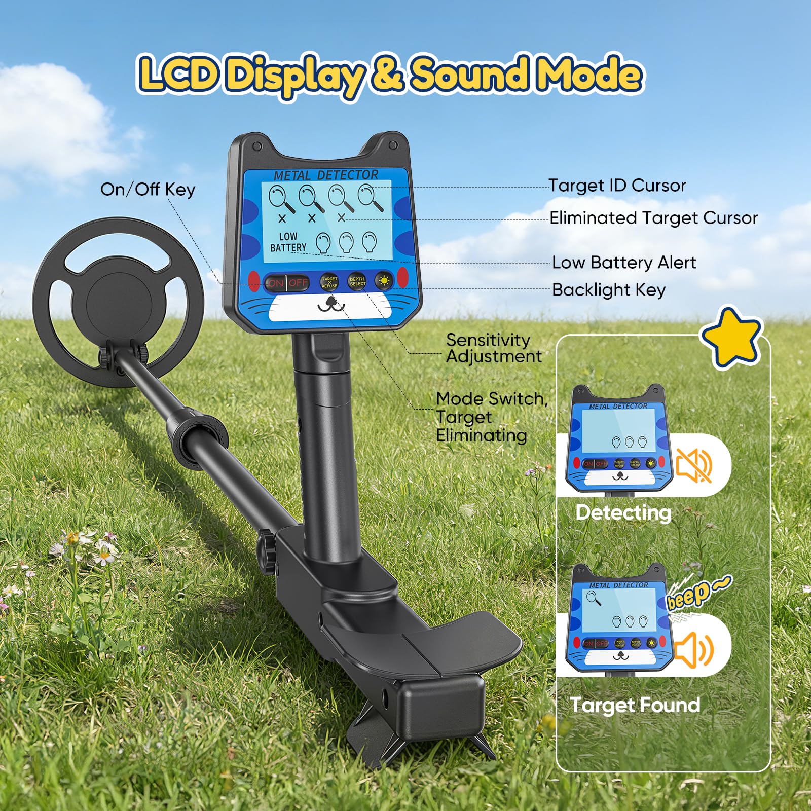 Metal Detector Bambini, Metal Detector per Bambino con Asta Regolabile, 2 Modalità Display LCD, Bobina di Ricerca Impermeabile, Ad Alta Sensibilità Metal Detector per Bambini con Borsa Pala Rastrello
