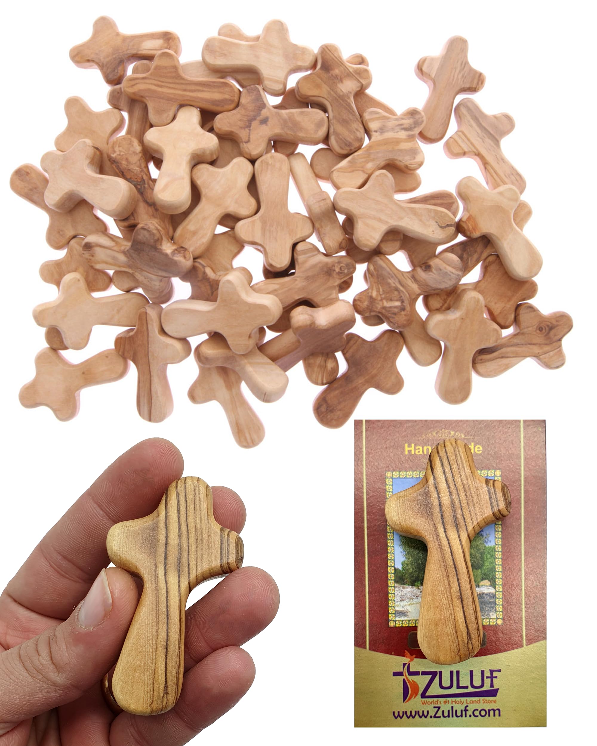 Zuluf 50 Small Olive Wood Hand Crosses Bethlehem Factory | Wooden Meditation Handheld Olive Wood Crosses From Bethlehem Israel | 6cm / 2.5 Inch Each Cross & 50 Holy Land Card Certificates CRS098