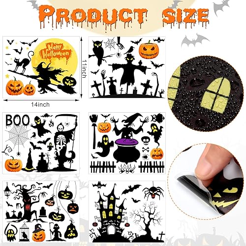 Miniatura 6 de 6 hojas de calcomanías de pared de Halloween, murciélagos negros, bruja, fantasma, castillo antiguo, calabaza, calcomanías de pared, decoración