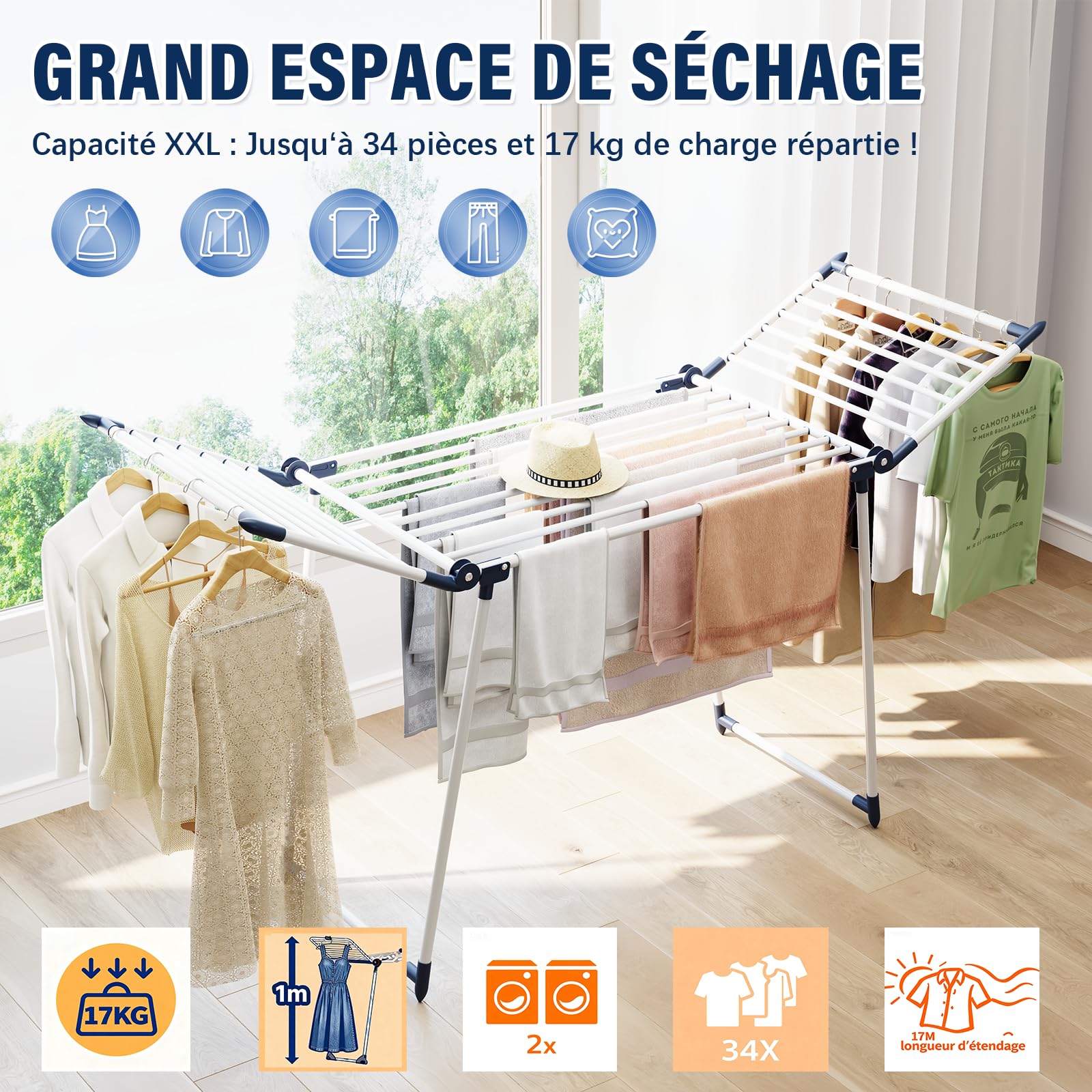 SYKIARIOL Étendoir à Linge Intérieur Pliable - Séchoir à Linge Intérieur sur Pied Pliable, Etendoir Linge Solide et Inoxydable - 175 x 105 x 60 cm - pour vêtements, Serviettes et draps(Blanc)