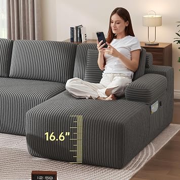 DURASPACE 320cm U Shaped Sofa Modular Convertible Boneless Couch | Comfort Sectional Sofa Couch, Modern Corduroy Deep Seat Couch, Convertible 4-Seater for Living Room (Grey)
