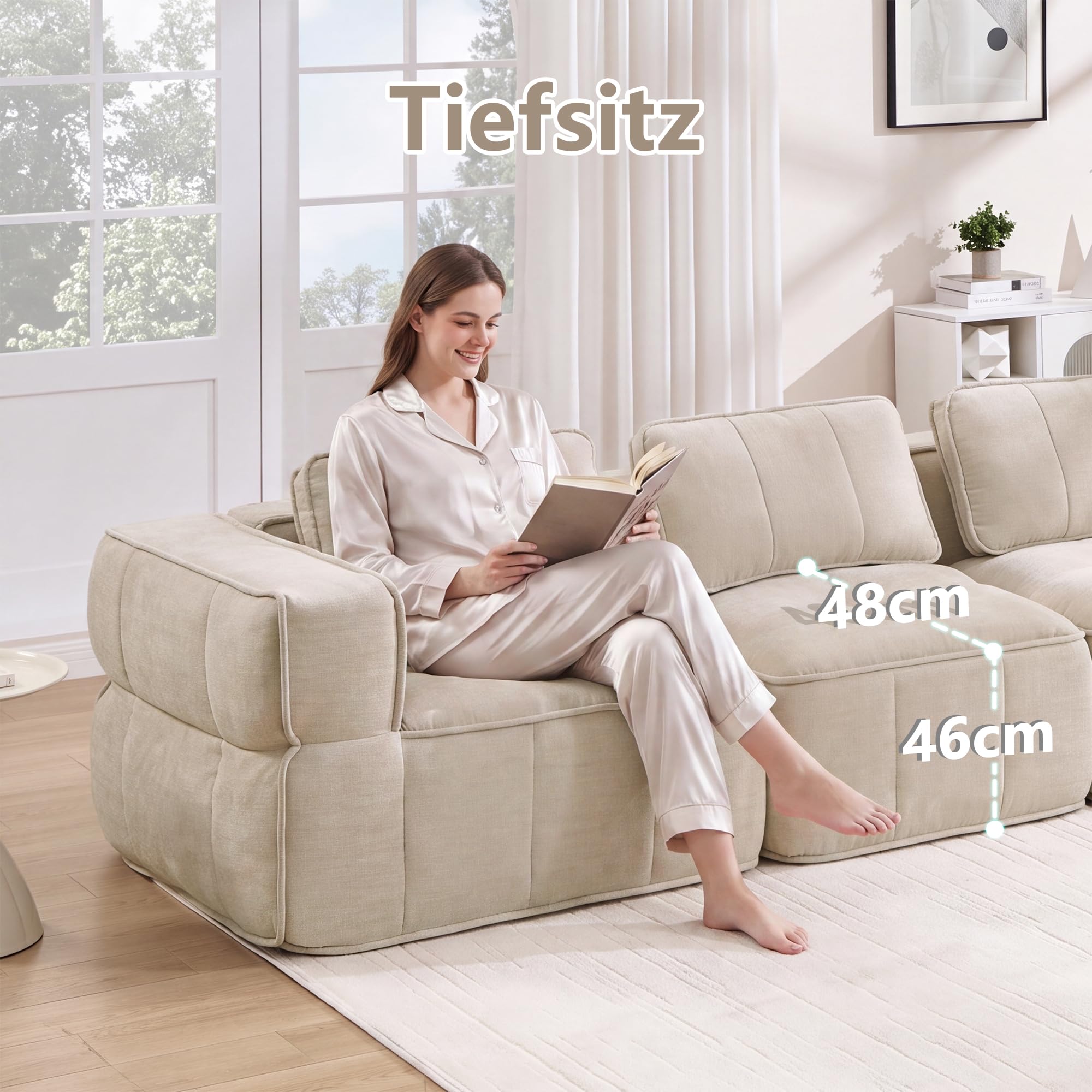 Generisch Divano modulare a 3 posti, beige, schiuma 32D ad alta densità, senza montaggio