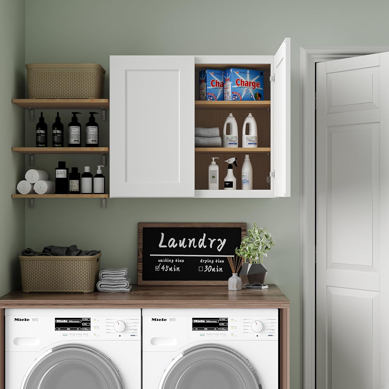 36 Inch Laundry Room Cabinets Wall Mounted, Solid Wood Over The Toilet Storage Cabinet, Bathroom Organizer Cabinets with 2 Shaker Door & Shelves, Easy to Assemble for Kitchen, Garage - White
