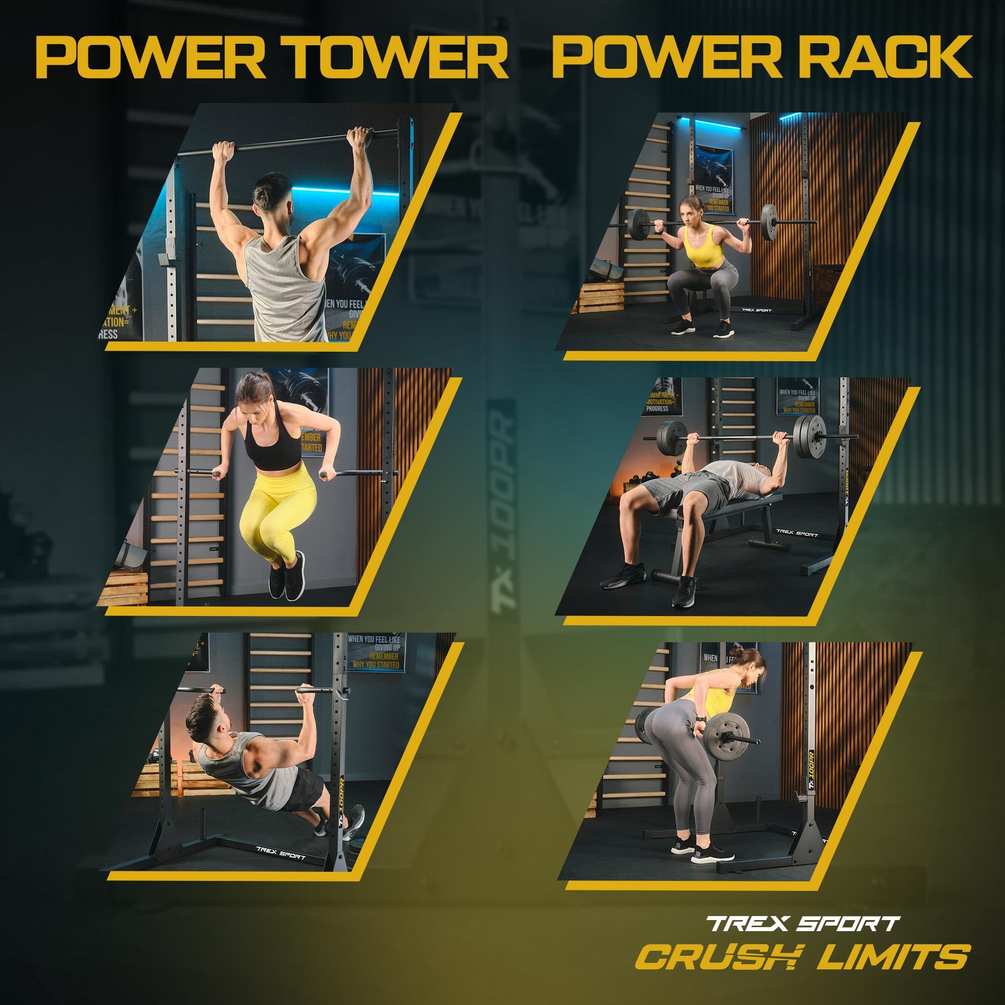 TREX SPORT Power Tower Dip Station freistehend Kraftturm bis 300kg TX-100PR | Multifunktionale Klimmzugstange aus Stahl, mit Langhantelablagen, Schwarz