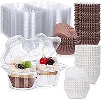 Vista 1 de Tanlade 100 cajas de 2 cavidades para cupcakes, 200 tazas para hornear, 2 compartimentos, recipientes de plástico transparentes apilables