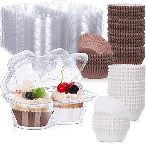 Tanlade 100 cajas de 2 cavidades para cupcakes, 200 tazas para hornear, 2 compartimentos, recipientes de plástico transparentes apilables para