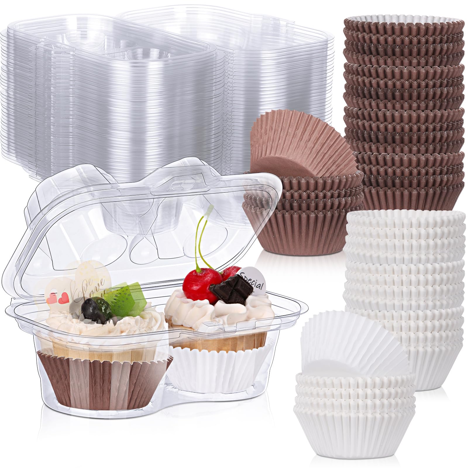 Tanlade 100 Pcs 2 Cavity Cupcake Boxes 200 Pcs Baking Cups 2 Compartment Plastic Cupcake Containers Clear Stackable Cupcake Carrier Holder with Lids for Cupcakes, Muffins