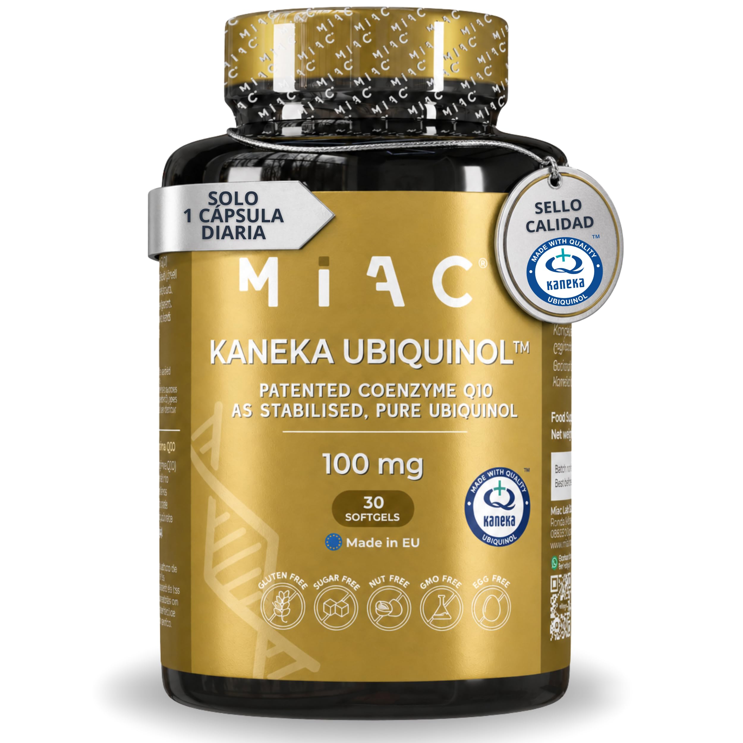 Ubiquinol Kaneka 100 mg | Coenzima Q10 con Ubiquinol Kaneka | Potente fórmula con CoQ10 para energía celular, salud cardiovascular y función cognitiva | Vegano/Sin Gluten
