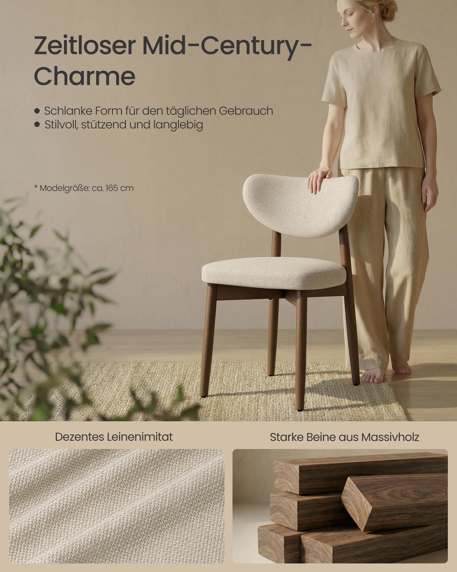 VASAGLE Esszimmerstuhl 6er Set, Küchenstuhl, Polsterstuhl mit Massivholzbeinen, ergonomische Rückenlehne, Aussparung als Griff, Mid-Century-Modern-Stil, Küche, cappuccinobeige KDC668L101-3J
