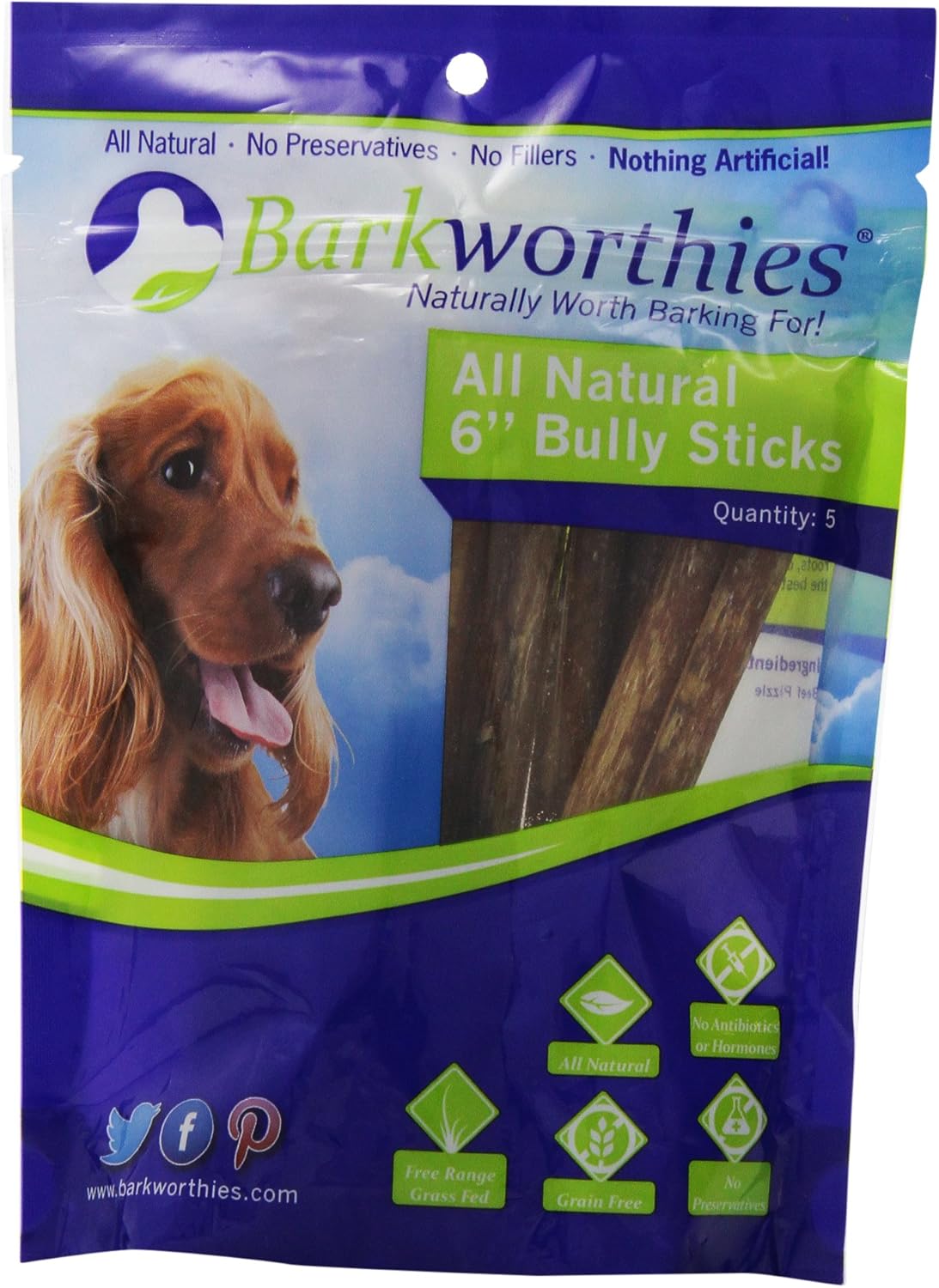 Barkworthies Bully Stick Pet Treat, 6Inch, 5Pack Pet