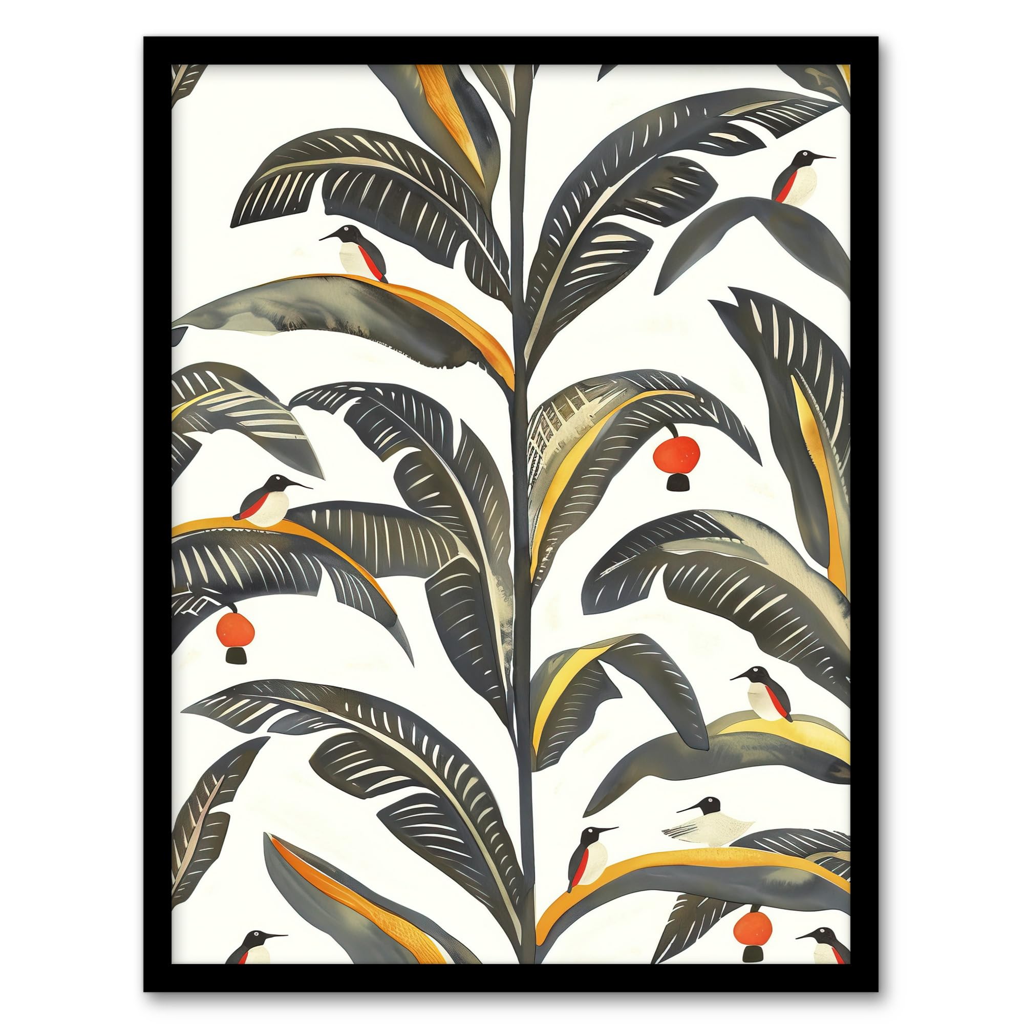 Artery8 Palm Leaves Birds Tropical Pattern Botanical Living Room Artwork Framed Wall Art Print 18X24 Inch