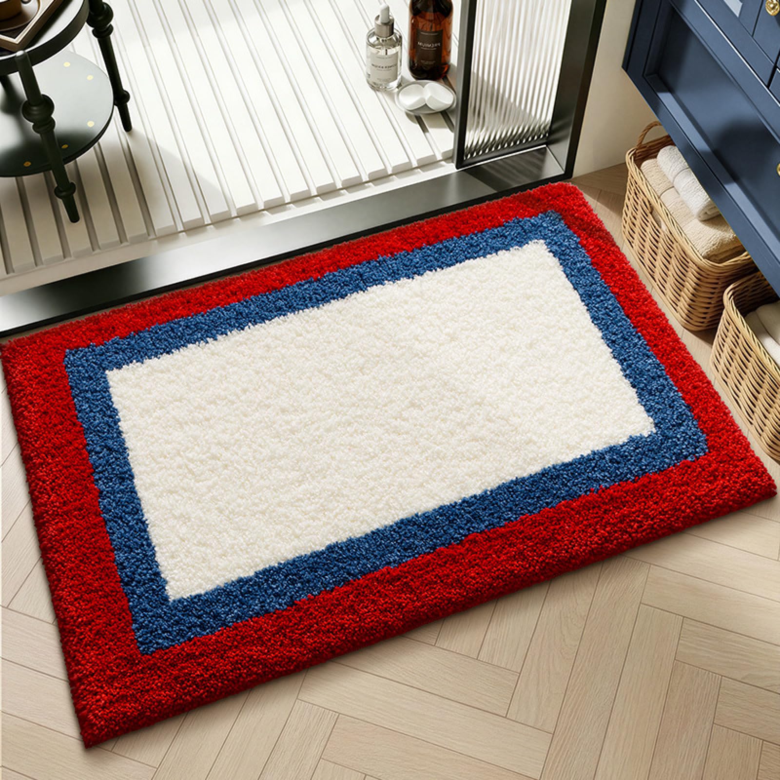 Tapis Salle de Bain Rouge Bleu Élégant Tapis de Bain Absorbant Antidérapant Lavable Doux Microfibre pour Douche Salon Chambre Cuisine Décoration Séchage Rapide (50x80 cm)