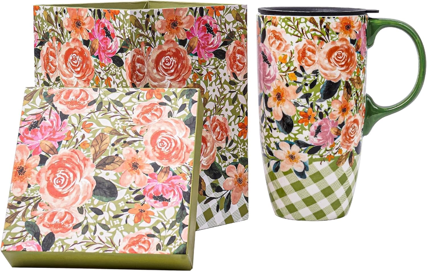 Topadorn Ceramic Mug Porcelain Latte Tea Cup Coffee Mug with Gift Box,17oz.Travel Cup with Lid, Green & Pink Flowers - Image 8