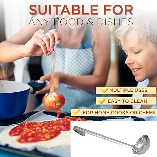 Miniatura 6 de Paquete de 2 Cucharón de sopa de acero inoxidable de 4 onzas, espátula de salsa de una pieza con asas de gancho, cuchara de servir de grado