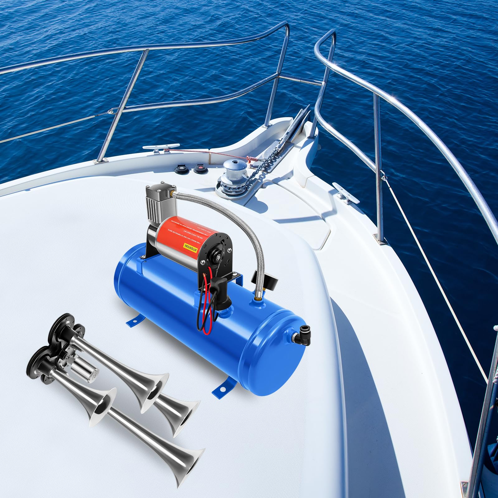 Compresor de aire de 12 V con kit de 4 bocinas de aire Trumpet Train 150PSI con depósito de 6 L para vehículos, motores de automóviles, bicicletas, neumáticos, pelotas, juguetes y barcos, color azul
