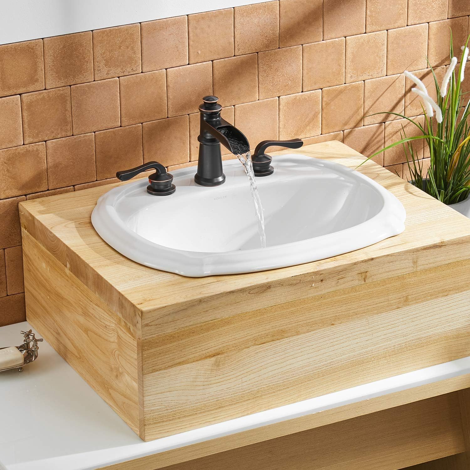 Lіmіtеd Stосk BWE Waterfall Widespread Bathroom Faucet 3 Hole Sink Farmhouse with Oil Rubbed Bronze Bath Bathtub Faucets Pop Up Drain Stopper Assembly and Supply Line Lead-Free 8-16 Inch 2 Handle Vanity Lavatory