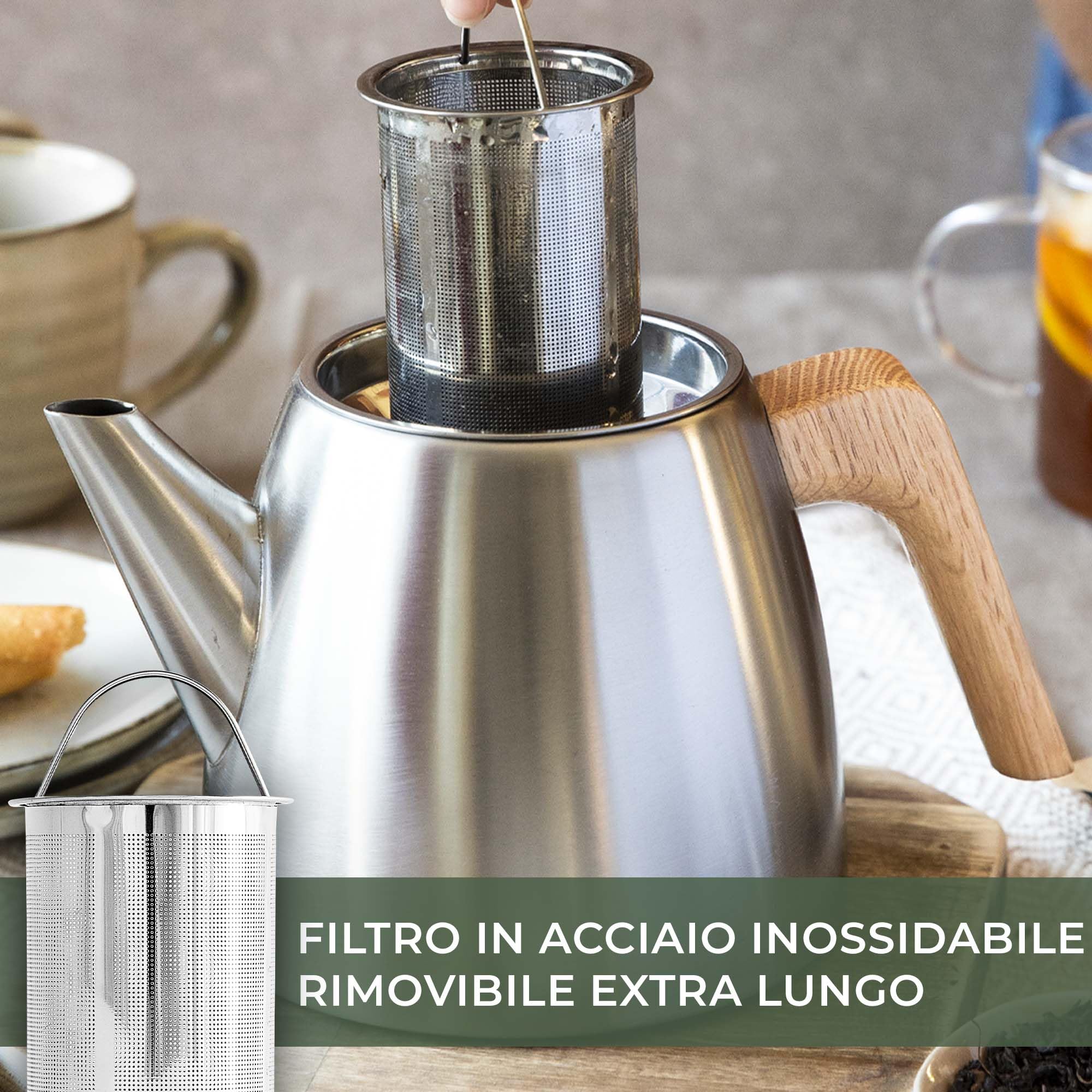 WALDWERK Teiera con Infusore – Teiera termica a doppia parete – Teiera con filtro in acciaio inox 304 – Infusiera con manici in vero legno di quercia – Teiera 100% antigoccia
