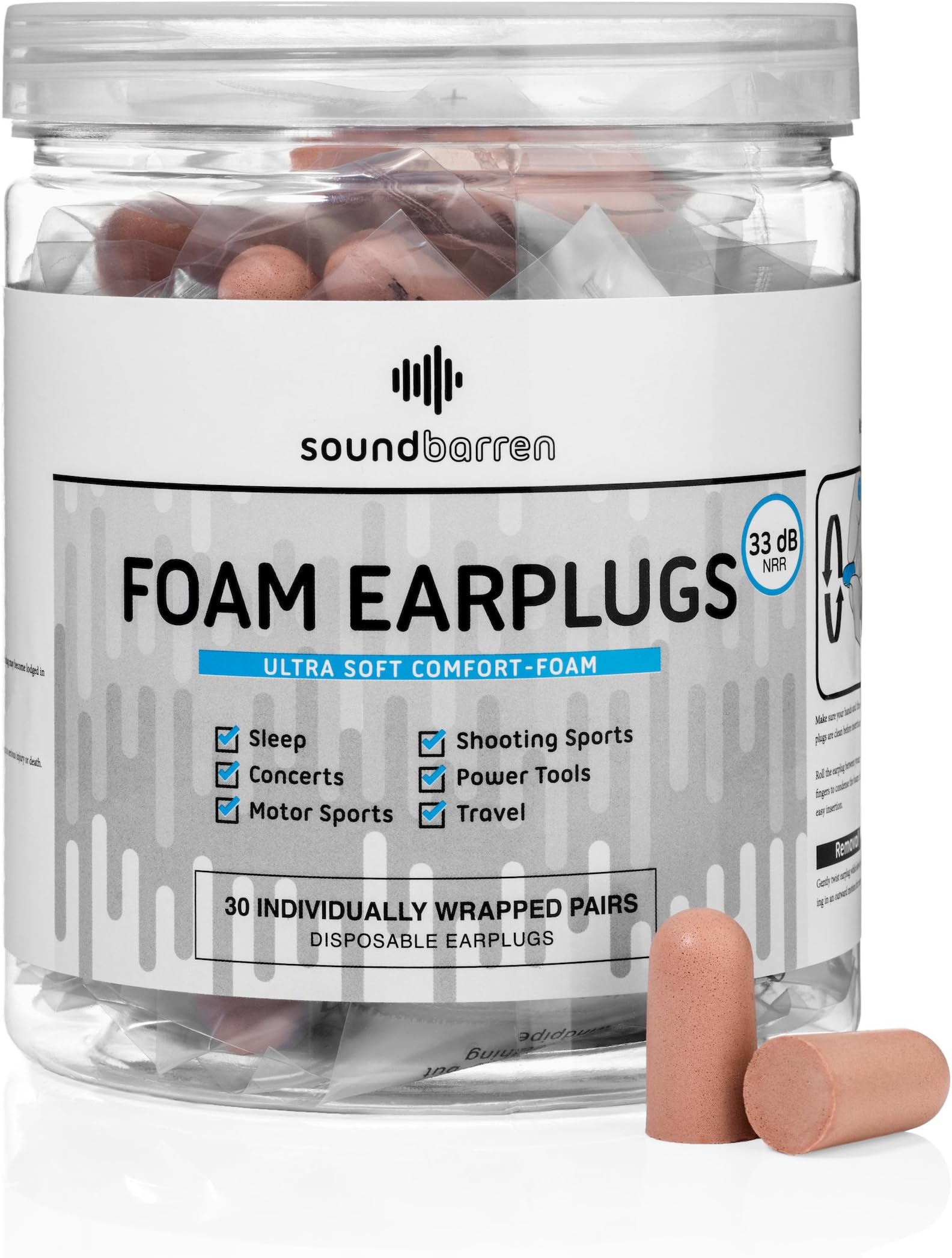 SoundBarren Foam Earplugs, 30 Pairs, Ultra Soft Individually Wrapped with Highest Level of Hearing Protection | Comfortable Sound Blocking for Sleeping, Shooting, Snoring, Construction & Concerts