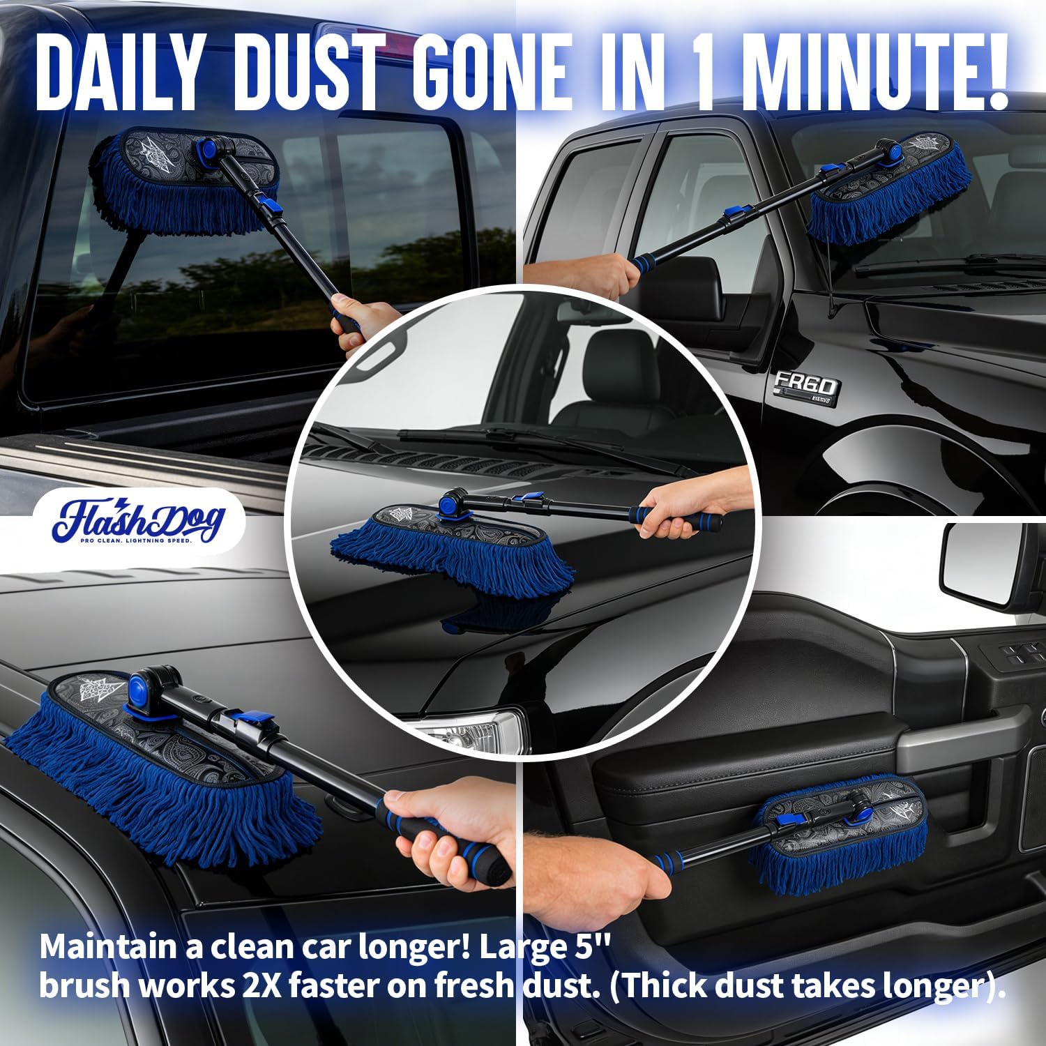 Flash Dog Car Duster Exterior & Interior Duster Aluminum Alloy Extendable Handle and Wax Cotton Strands Scratch-Free Cleaning for Cars, SUVs, RVs | Waterless Dust & Pollen Remover