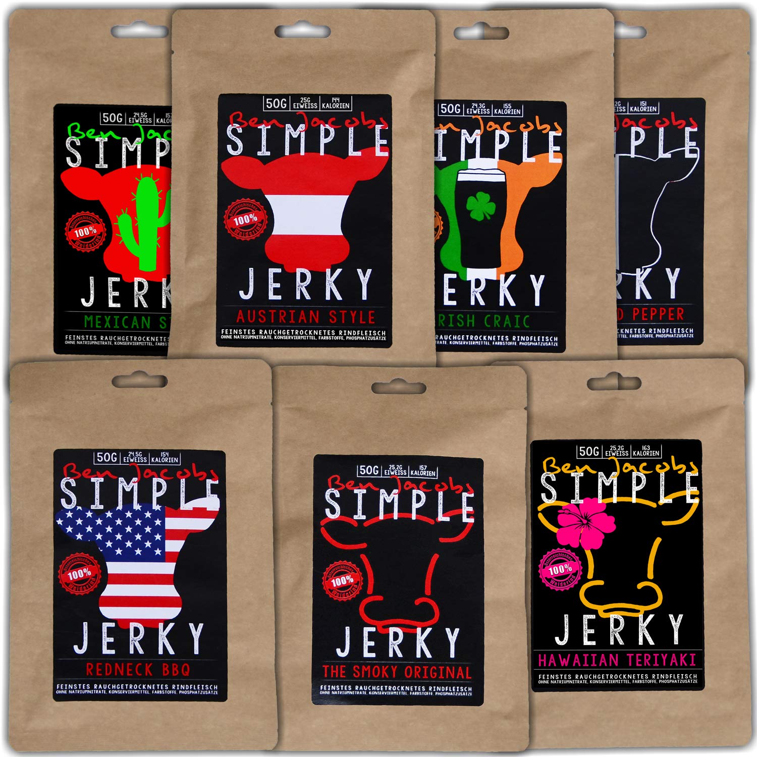 Beef Jerky Scatola di Campioni, 5 x 50g, La carne secca numero 1 in Austria, senza additivi, senza conservanti