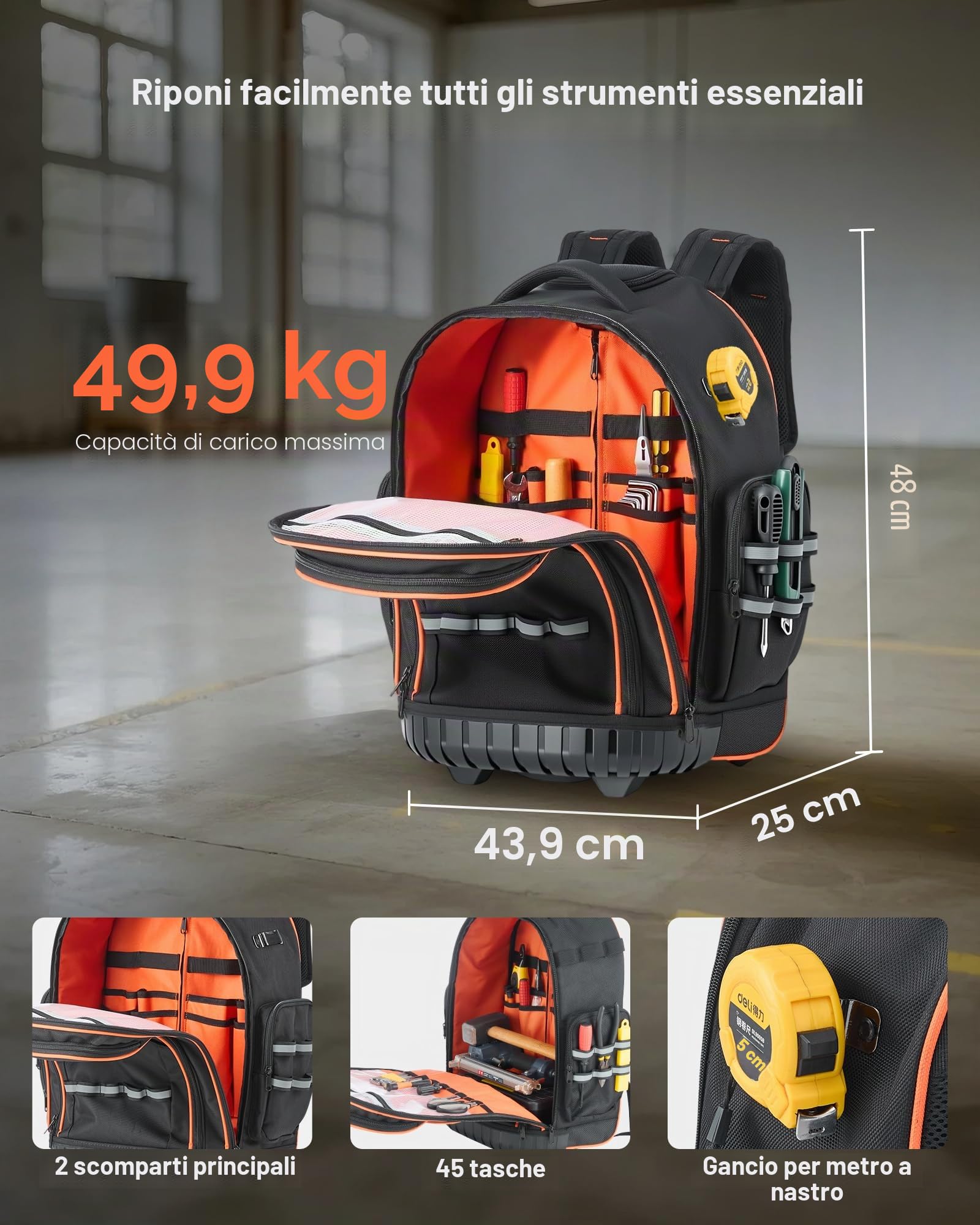 VEVOR Zaino Portautensili con Ruote, Capacità 50 kg, Borsa Portautensili con Ruote da 45 Tasche, Maniglia Telescopica Regolabile e Base Stabile, Organizzatore per Borse per Edilizia, Meccanico