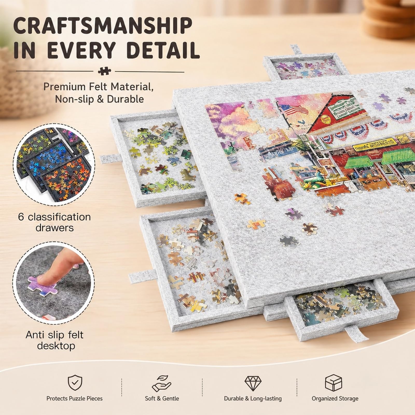 Mesa de rompecabezas de 1000 piezas, tablero de puzle portátil con 6 cajones y cubierta, tablero de puzle de fieltro ligero, mesa de rompecabezas de 1000 piezas, accesorios para puzles para adultos